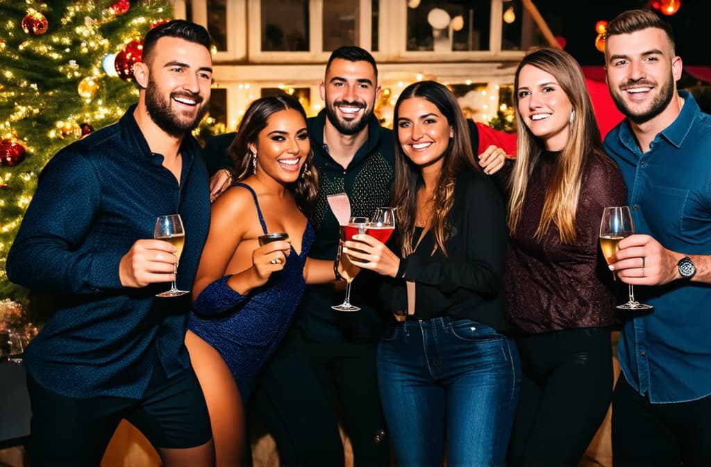  professional detailed photography, holiday concept. a group of friends having fun at the party. ar 3:2, (muted colors, dim colors, soothing tones), (vsco:0.3)