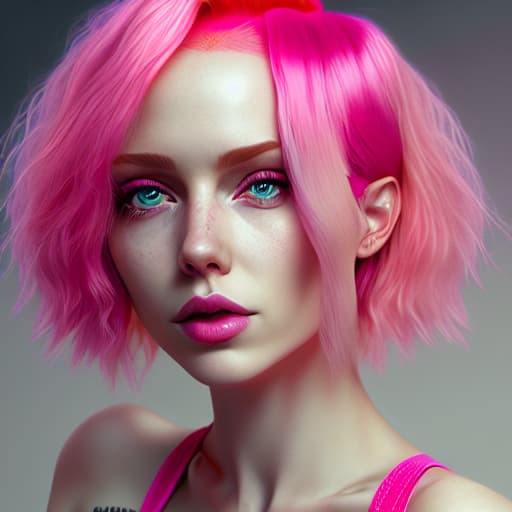  --Style Photoralism, a close up of a woman with pink hair and a red top, short pink hair, cute with short pink hair, huge curly pink hair, curly pink hair, pink short hair, huge pink hair, pink hair, breathtaking ilya kuvshinov, yael shelbia, cgsociety portrait, rose hair, kawaii realistic portrait, hyperrealistic , with pink hair