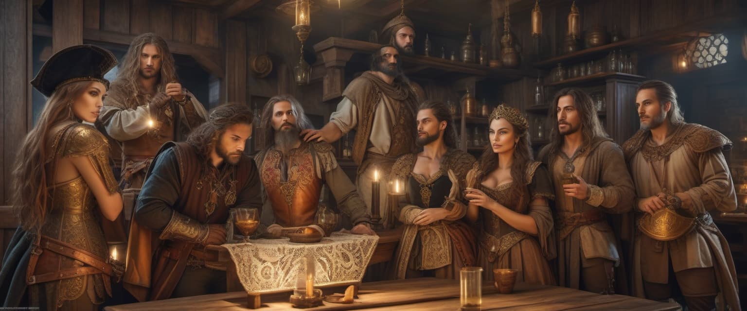  renaissance style fantasy heroes are standing in the tavern at the table . realistic, perspective, light and shadow, religious or mythological themes, highly detailed, hkmagic hyperrealistic, full body, detailed clothing, highly detailed, cinematic lighting, stunningly beautiful, intricate, sharp focus, f/1. 8, 85mm, (centered image composition), (professionally color graded), ((bright soft diffused light)), volumetric fog, trending on instagram, trending on tumblr, HDR 4K, 8K