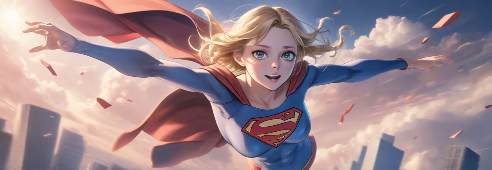  anime artwork dynamic supergirl is flying through the sky with one hand looking forward . anime style, key visual, vibrant, studio anime, highly detailed