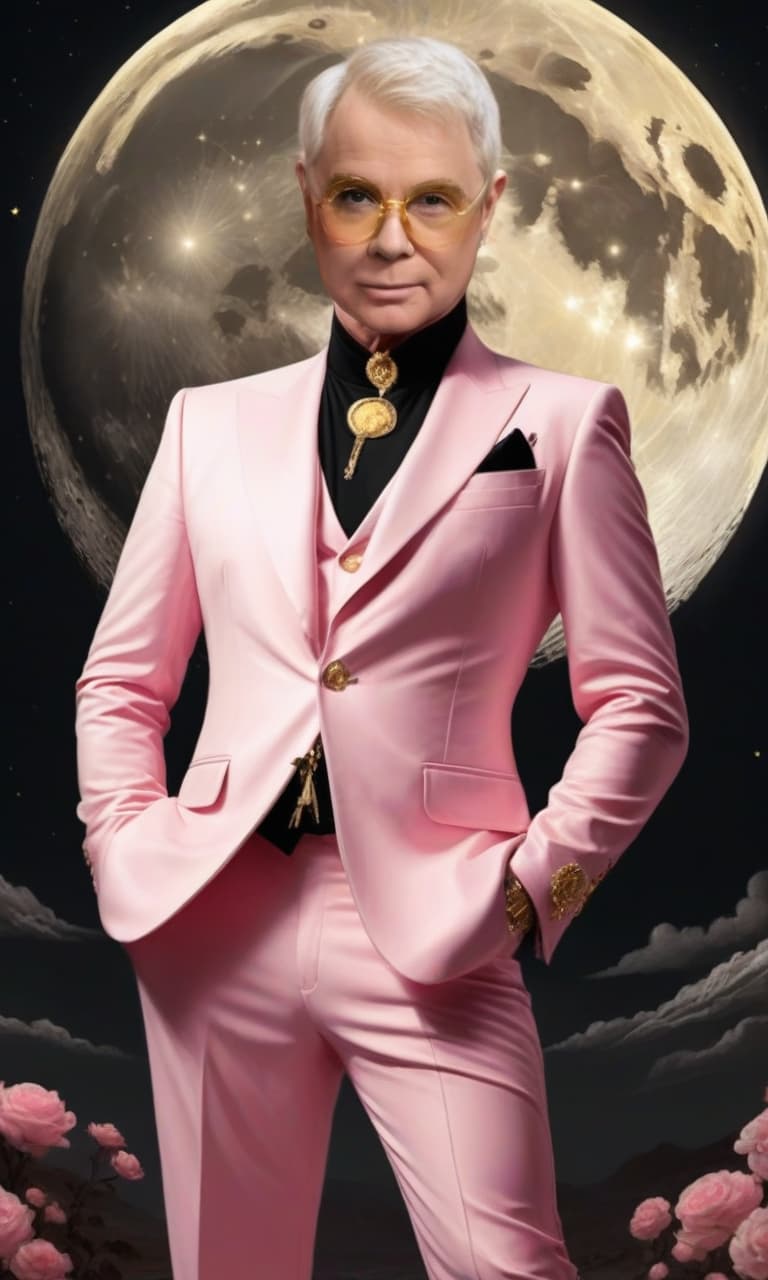  concept art pink, gold, black, white amid the huge golden moon of elton john . digital artwork, illustrative, painterly, matte painting, highly detailed, perfect hands