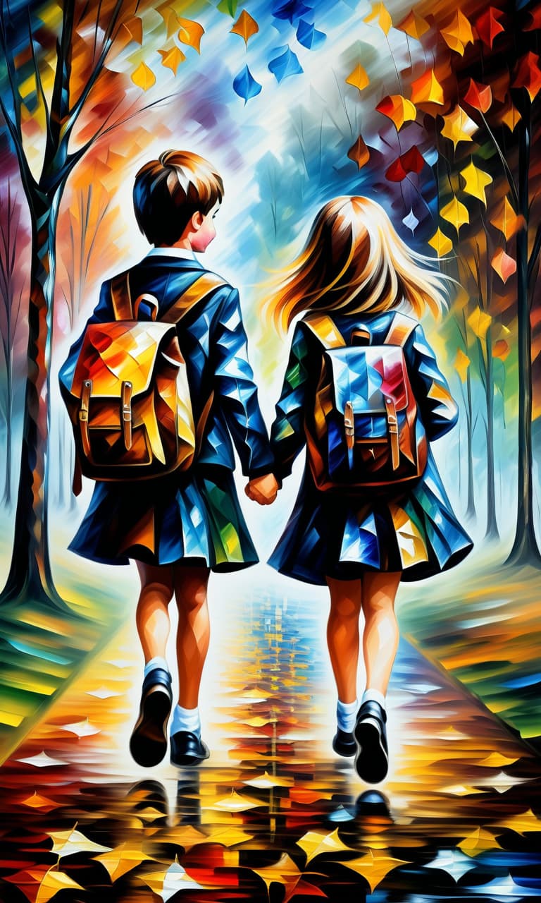  (style of leonid afremov:1.5), boy and girl schoolchildren walking through autumn park with school bags, holding hands, epic realism, anime features, dark fantasy, abstract horror, desaturated color palette, gothic and renaissance aesthetic, (happy smiles:1.4), in school uniform, blue eyes