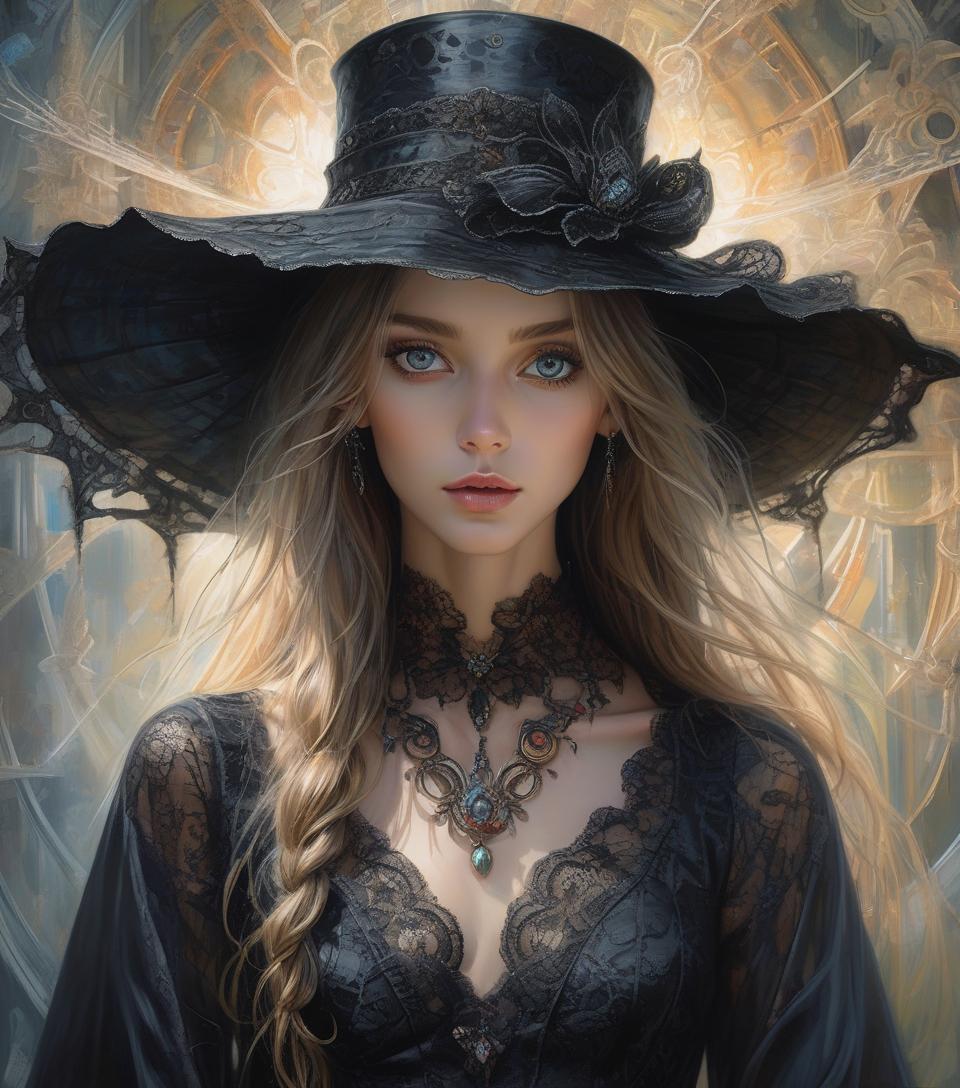  hyperrealistic digital painting of a beautiful girl, reflections in very detailed eyes, looking at the viewer, long hair, wide hat, black lace outfit and in a surreal and fantastical setting, combining the artistic styles of josé royo, boris vallejo, julie bell , carne griffiths and brian froud, accurate anatomy, with symmetrical centered composition, volumetric lighting, rays, bright color highlights, high contrast