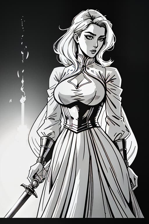  the young woman is aristocrat with a fire fighting hair. he holds a sword in front of him. dressed in a dress. the back is dark. comic style., sketch, manga sketch, pencil drawing, black and white, manga, manga style, low detail, line art, vector art, monochromatic, by katsuhiro otomo and masamune shirow and studio ghilibi and yukito kishiro hyperrealistic, full body, detailed clothing, highly detailed, cinematic lighting, stunningly beautiful, intricate, sharp focus, f/1. 8, 85mm, (centered image composition), (professionally color graded), ((bright soft diffused light)), volumetric fog, trending on instagram, trending on tumblr, HDR 4K, 8K