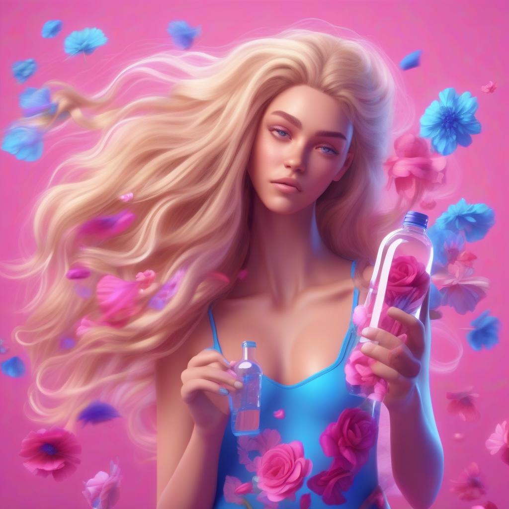  art of fantasy sporty girl with flowers inside her head like her thoughts and growing from her long very thick blondy hair, hair fluttering in the wind with bottle of water in her hands pink and blue and purple colors on the background cartoon style 3d, hq, 4k for modern mobile app