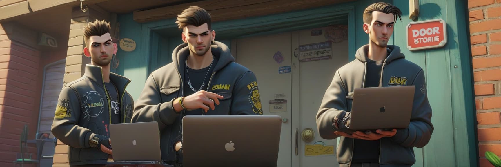  the gavs brothers from duck stories are standing in front of the door, a "domain store" sign is hanging on the house, he has a laptop in his hands, and he looks like a hacker, in the style of cyberpunk 2077