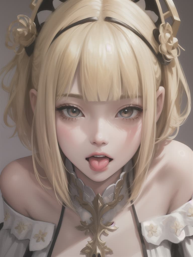  upturned eyes,so cute,short blonde hair,Stick out tongue,extreme close up,facing viewer,off shoulder top,blunt bangs, masterpiece, best quality,8k,ultra detailed,high resolution,an extremely delicate and beautiful,hyper detail