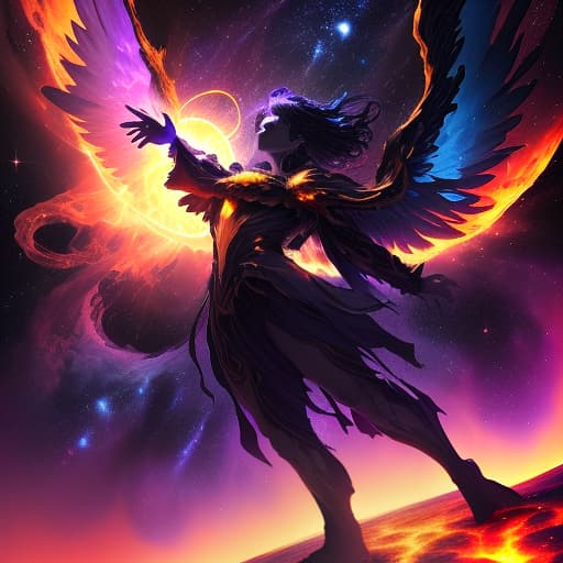  a celestial figure rising above a planet, engulfed in flames of light with outstretched wings, surrounded by swirling galaxies, distant planets, and vibrant nebulas. the space environment glows in shades of blue, purple, and deep black, contrasted by warm yellows and reds radiating from the central figure.