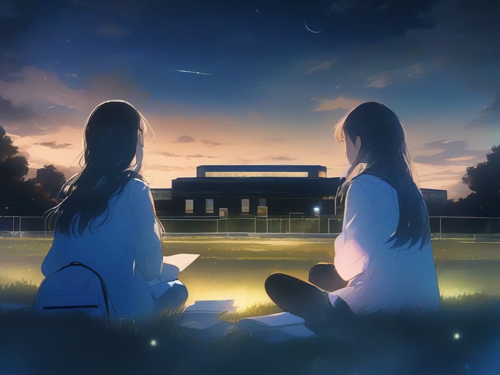  lawn, night sky, high school student, girls, two, sitting