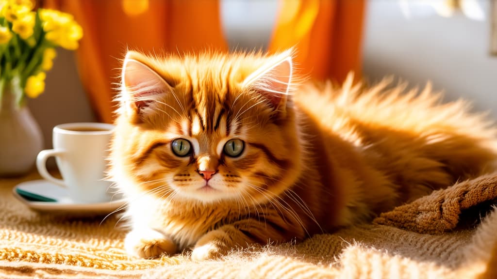  small fluffy kitten lying on a blanket next to a mug of coffee and a vase of flowers, portrait, unsplash, romanticism, orange tone, early rays of sunlight highlighting detailed red coat, very small fluffy lump, poses for camera, cottagecore, there are flowers, little beauty, glowing ginger ar 16:9 {prompt}, maximum details