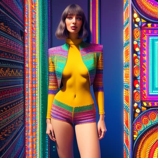  trippy patterns and a burst of colors reminiscent of 70s psychedelia. hyperrealistic, full body, detailed clothing, highly detailed, cinematic lighting, stunningly beautiful, intricate, sharp focus, f/1. 8, 85mm, (centered image composition), (professionally color graded), ((bright soft diffused light)), volumetric fog, trending on instagram, trending on tumblr, HDR 4K, 8K