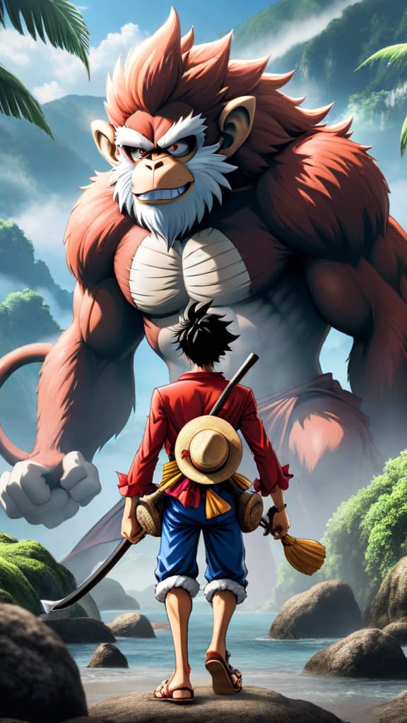  monkey d. dragon and monkey d. luffy from one piece standing together ready for battle anime art hyperrealistic, full body, detailed clothing, highly detailed, cinematic lighting, stunningly beautiful, intricate, sharp focus, f/1. 8, 85mm, (centered image composition), (professionally color graded), ((bright soft diffused light)), volumetric fog, trending on instagram, trending on tumblr, HDR 4K, 8K