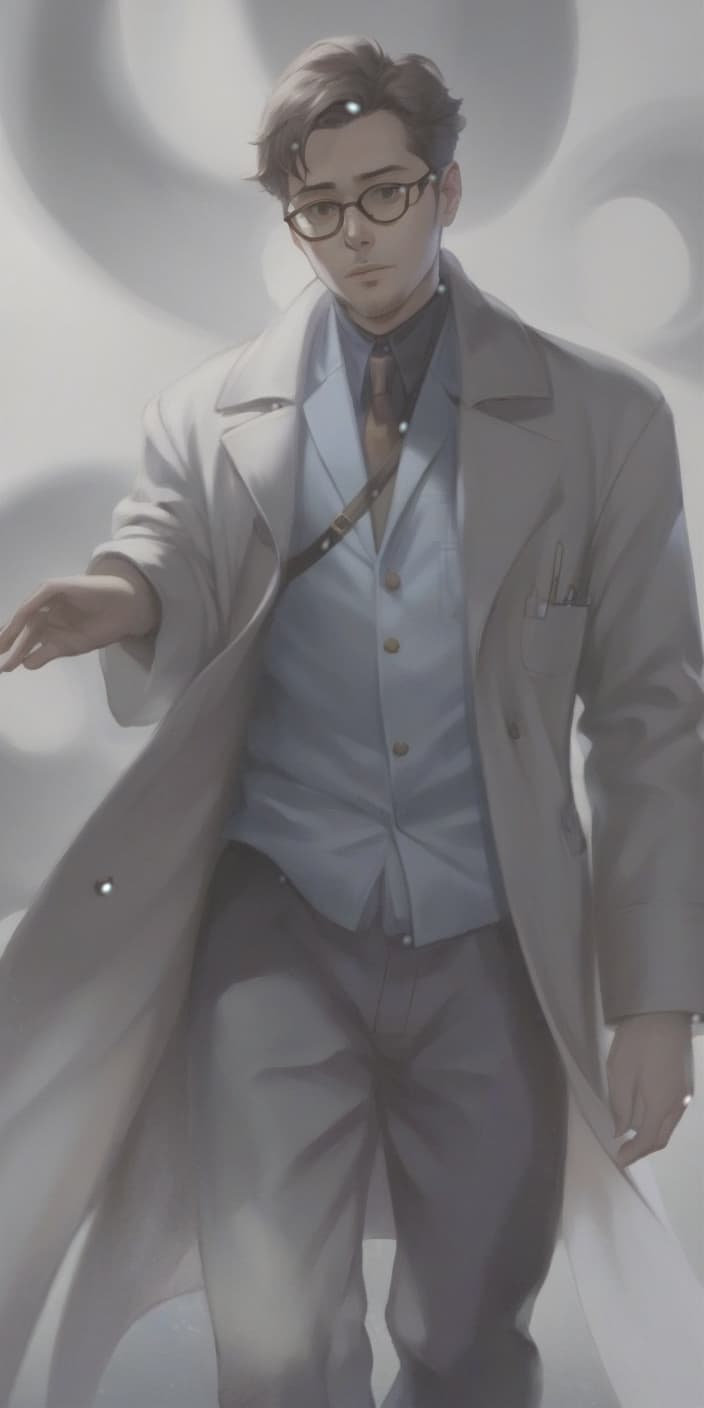  man in long white coat and glasses, hands in pocket