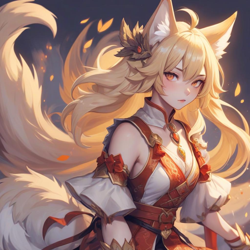  role playing game (rpg) style fantasy kitsune girl, in human form, with blonde hair . detailed, vibrant, immersive, reminiscent of high fantasy rpg games