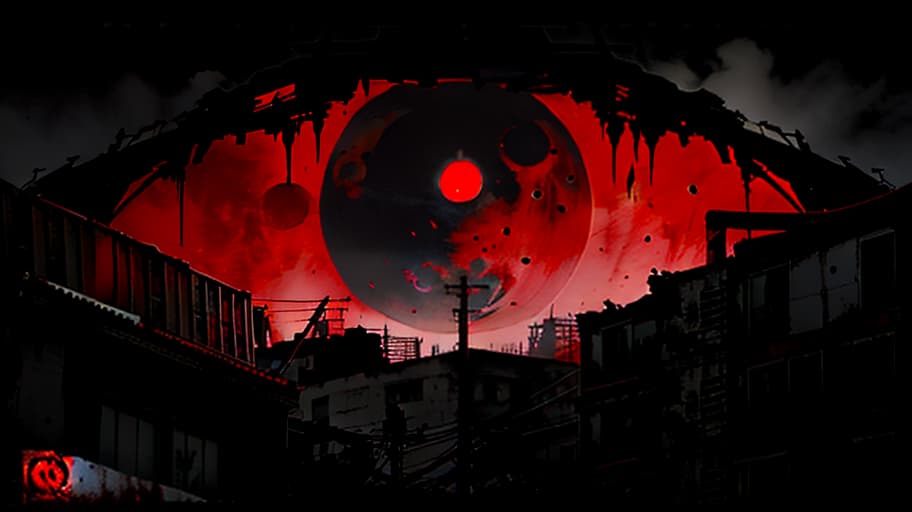  A logo with an eye hidden behind a bloody red moon surrounded by a ruined city, moral decay, drugs, murders, more blood, alcohol, decay, downfall of civilization, gloom, oppression, withering, disillusionment., (b&w, Monochromatic, Film Photography:1.3), Photorealistic, Hyperrealistic, Hyperdetailed, film noir, analog style, hip cocked, demure, low cut, soft lighting, subsurface scattering, realistic, heavy shadow, masterpiece, best quality, ultra realistic, 8k, golden ratio, Intricate, High Detail, film photography, soft focus hyperrealistic, full body, detailed clothing, highly detailed, cinematic lighting, stunningly beautiful, intricate, sharp focus, f/1. 8, 85mm, (centered image composition), (professionally color graded), ((bright soft diffused light)), volumetric fog, trending on instagram, trending on tumblr, HDR 4K, 8K