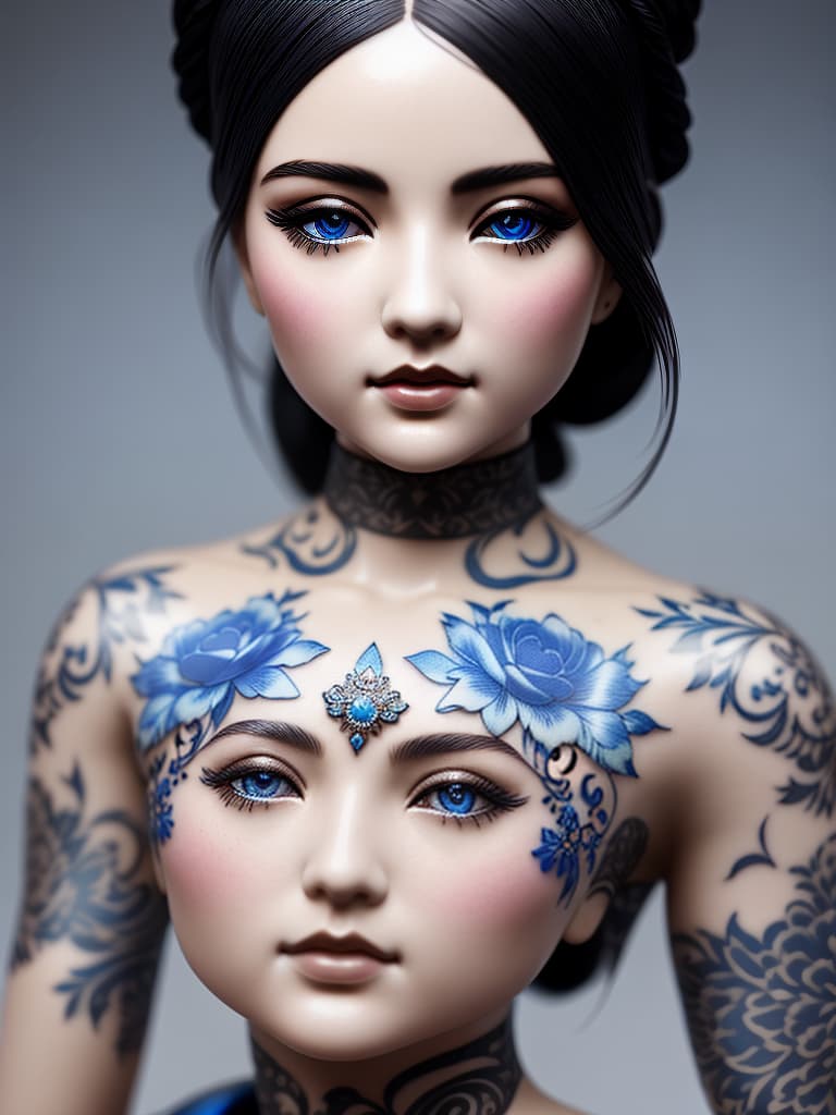  Close-up porcelain female figurine, looking to the camera, glossy surface, glaze, shiny, blue floral tattoos on her, dark gradient background, baroque dark style, hyperrealistic, CG society, intricate details