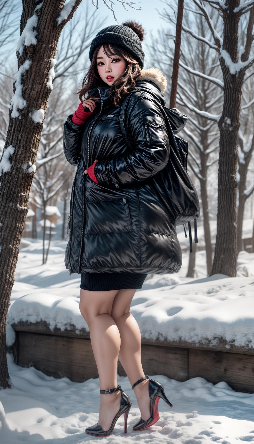   chubby woman, legs in snow park, high heels, seksi legs