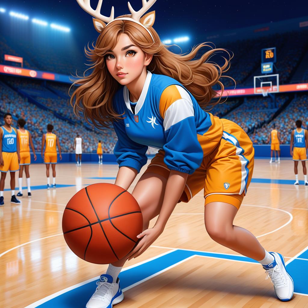  anime art very beautiful, deer girl, olive skin woman, amber doe eyes, white freckles, has deer tail , has deer tail, light brown hair, round lips, straight eyebrows, button nose, round shaped face, lean figure, long legs, blue and white basket ball jersey, basketball court., award winning, professional, highly detailed, masterpiece