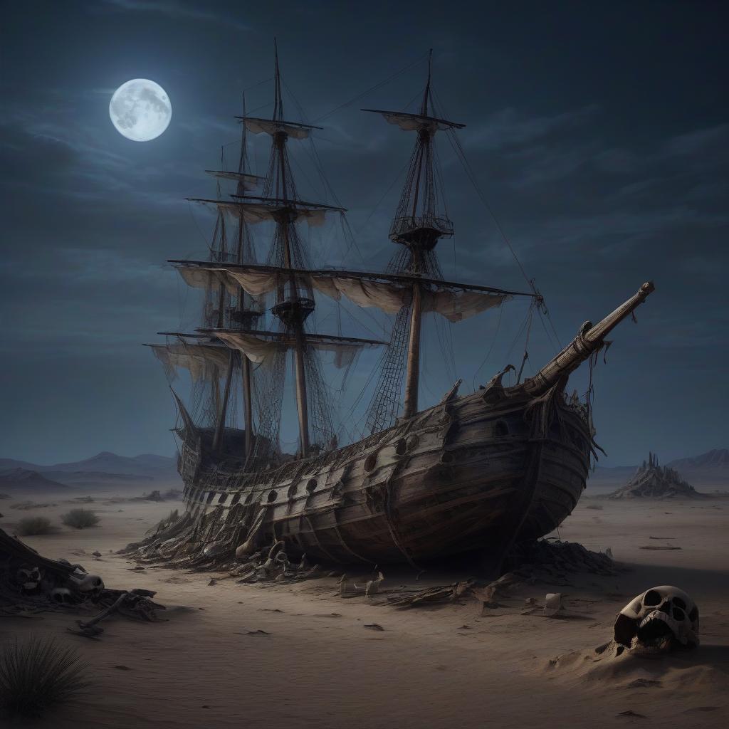  photorealism. a rotted medieval sailing ship in the moonlight in the desert, next to it lies a pile of skeletons.