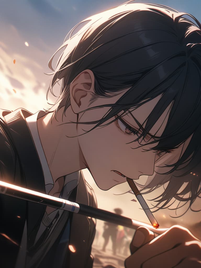  male, throat, throat, cigarettes, cool, battle start, battlefield, smart, black hair, short hair, male, masterpiece, best quality,8k,ultra detailed,high resolution,an extremely delicate and beautiful,hyper detail