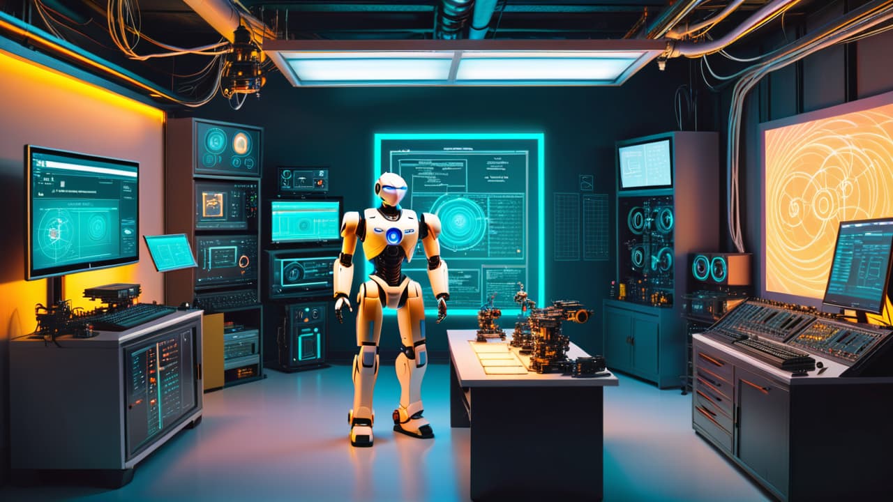  a futuristic workshop filled with various robotic components, including gears, wires, and small robots in action, surrounded by blueprints and holographic displays, showcasing the essence of robotics in a simplified, engaging environment. hyperrealistic, full body, detailed clothing, highly detailed, cinematic lighting, stunningly beautiful, intricate, sharp focus, f/1. 8, 85mm, (centered image composition), (professionally color graded), ((bright soft diffused light)), volumetric fog, trending on instagram, trending on tumblr, HDR 4K, 8K