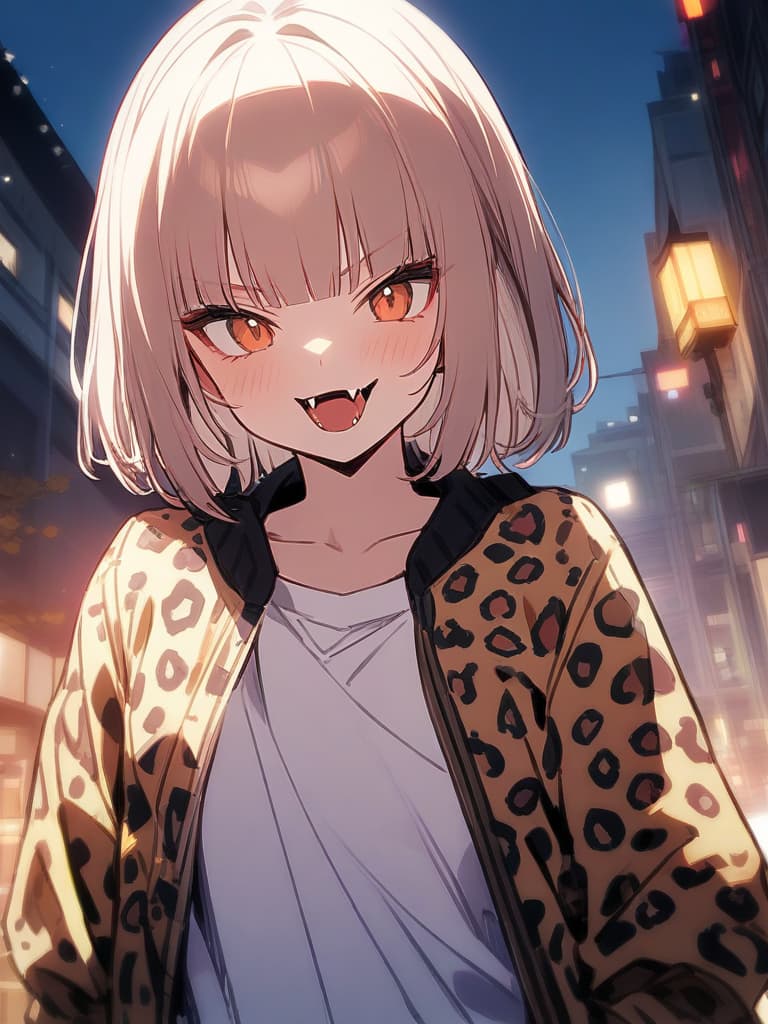  (前パッツン:2.0)(beautiful leopard beastie girl:1.7)(blunt bangs:1.7)(fangs:1.9)(leopard print jean jacket:1.5)(close up of upper body)masterpiece,high quality,16k,super analysis