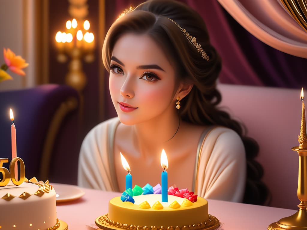  woman, birthday photoshoot, luxurious setting, elegant attire, glamorous hairstyle, intricate decorations, realistic photographic style, soft studio lighting, warm tones, detailed props, cozy atmosphere, close up shots, medium shot, 50mm lens, highly detailed photo, sharp details, best quality, 4k, raw photo.