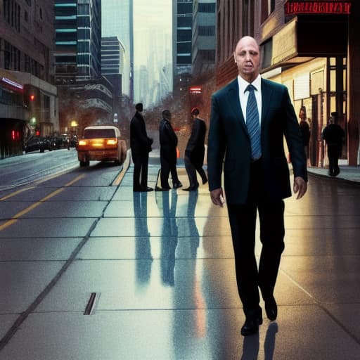  apocalyptic political thriller, disgraced businessman in down town street scene