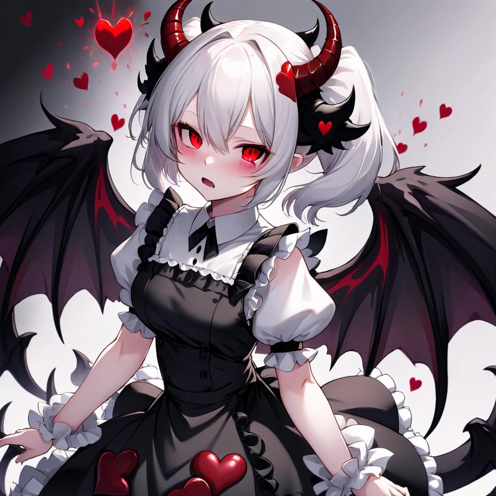  anime, maid, girl, demon, succubus, anime blush, red eyes, hearts in eyes, white skin, white hair, black horns, huge demonic black wings, black tail, monotonous light background