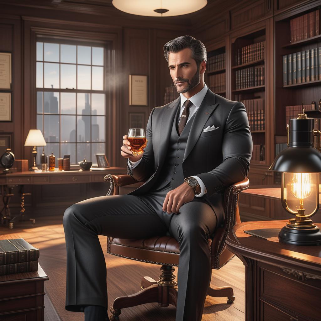  a drunk handsome suited teacher who wears black sheer otc socks,fine suit,fine leather shoes,fine suit pants.he sits inside his office,drinking whiskey,clearly drunk, ((realistic)) hyperrealistic, full body, detailed clothing, highly detailed, cinematic lighting, stunningly beautiful, intricate, sharp focus, f/1. 8, 85mm, (centered image composition), (professionally color graded), ((bright soft diffused light)), volumetric fog, trending on instagram, trending on tumblr, HDR 4K, 8K