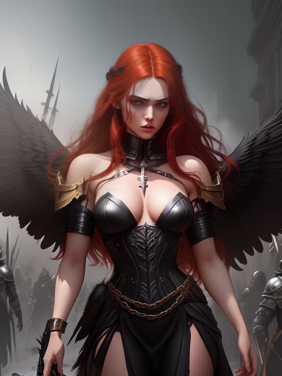  valkyrie, greece, wings on the back, large black wings, bird legs, red hair, long hair, bird girl, eyes black, eyes glow black dress with gold chains, feathers in hair, feathers on elbows, night, vampire, full height, weapons in hands, leather armor, dark , creepy , blood , monsters , by jason engle , carlos huante , charlie bowater , simon lee , brom