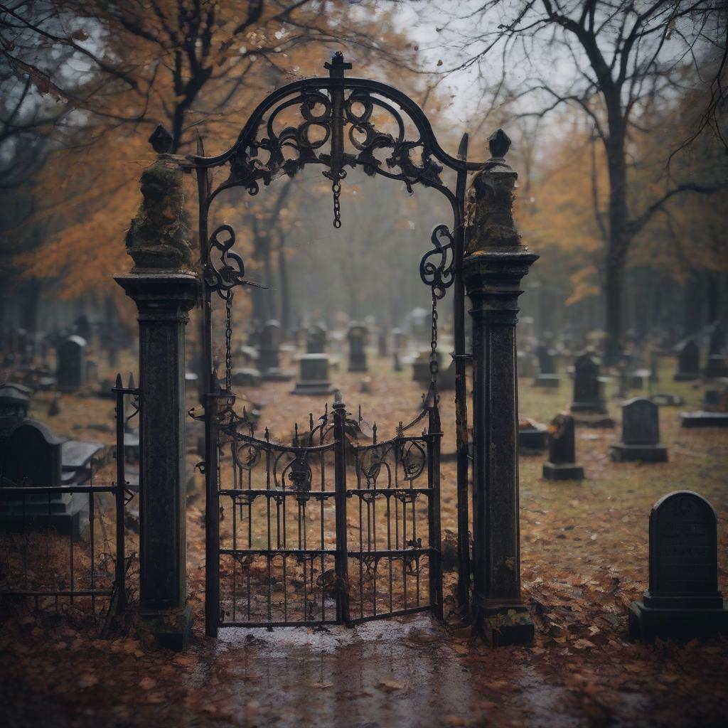  cinematic film still a huge, ominous abandoned old cemetery. late fall. rare rain. the dilapidated gate is closed with a rusty chain. . shallow depth of field, vignette, highly detailed, high budget, bokeh, cinemascope, moody, epic, gorgeous, film grain, grainy