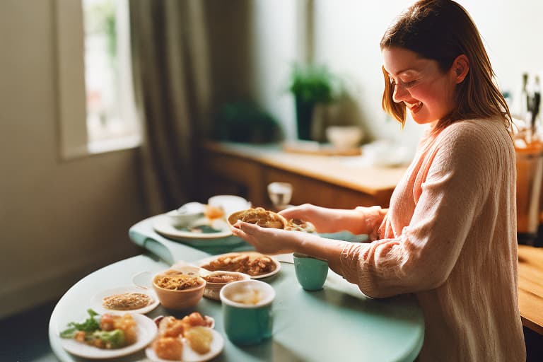 analog style Sarah happily choosing meal options on the app, feeling motivated and hopeful.