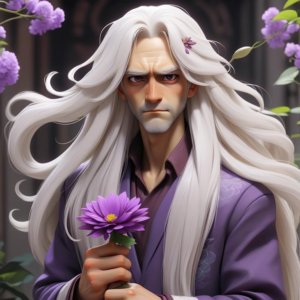  a guy with long white hair and a purple kimano with a flower in his hands without a borada