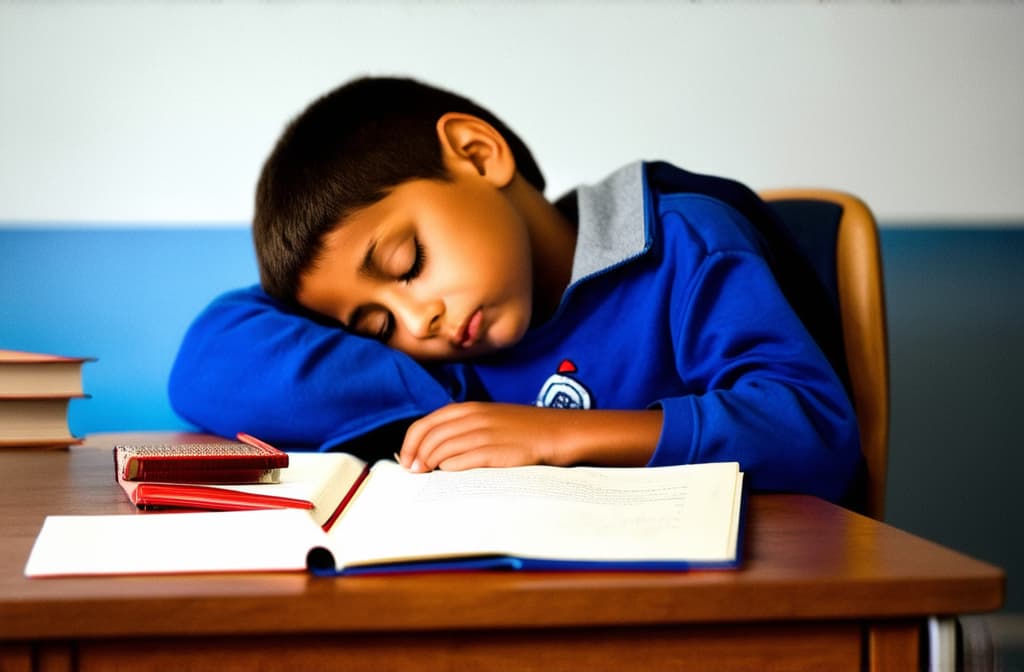  a school age child sits at a desk doing his homework, is tired and falls asleep with his head on the desk. {prompt}, maximum details