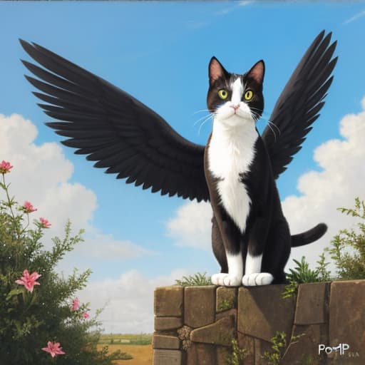  Sky in the background, cat with wings, Pop.