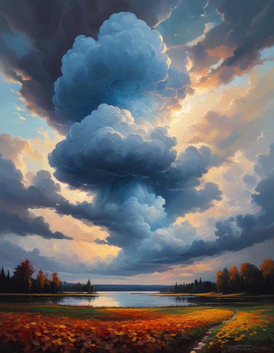  dramatic. mammatus thunderclouds (bumpy, pouch like protuberances in dramatic shapes).horizon line, clear sky above. wide shot, looking upwards. dramatic sunlight with contrasting shadows. foreground silhouetted landscape, oil palette knife painting, canvas, autumn landscape, lake, falling autumn leaves, fantasy, muted shades of colors, gothic aesthetic, beautiful, blue hour, russian impessionism