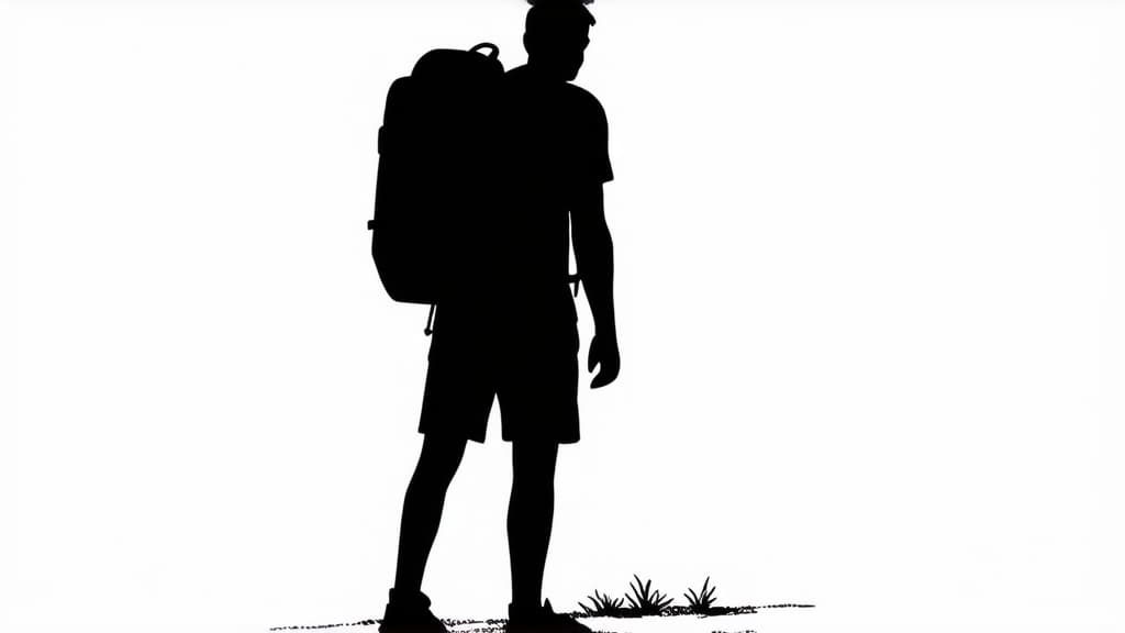  contour, very simple image in one unbroken black ink line, single line of a tourist with a backpack on a hike ar 16:9 using a single continuous black line ink brushon white background, drawing should be created without lifting the pen, recognizable features of a tourist with a backpack on a hike ar 16:9 in one unbroken line