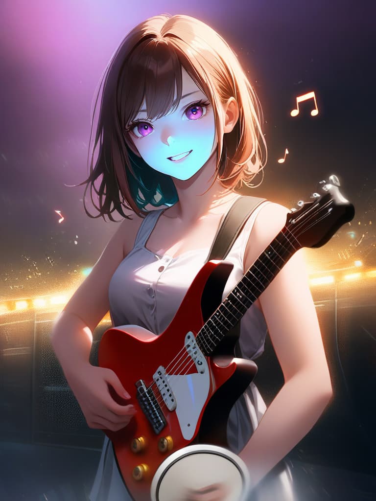  1girl,18yo,(((high school girl))),(((playing with an electric guitar:1.35))),green hair,short hair,purple eyes,headphone,very loud laugh,(((happy pose))),(((metallic focus))),music note effect,realistic