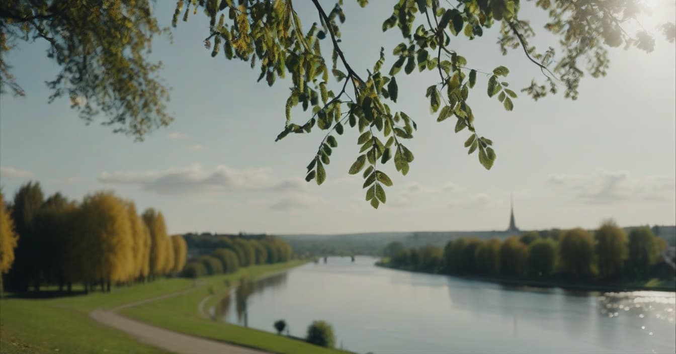  cinematic photo realistic landscape on a hill, a metropolis in the distance, a linden tree on the left and a linden tree on the right, a sunny day, a park, a lake reflects trees, cinematic . 35mm photograph, film, bokeh, professional, 4k, highly detailed