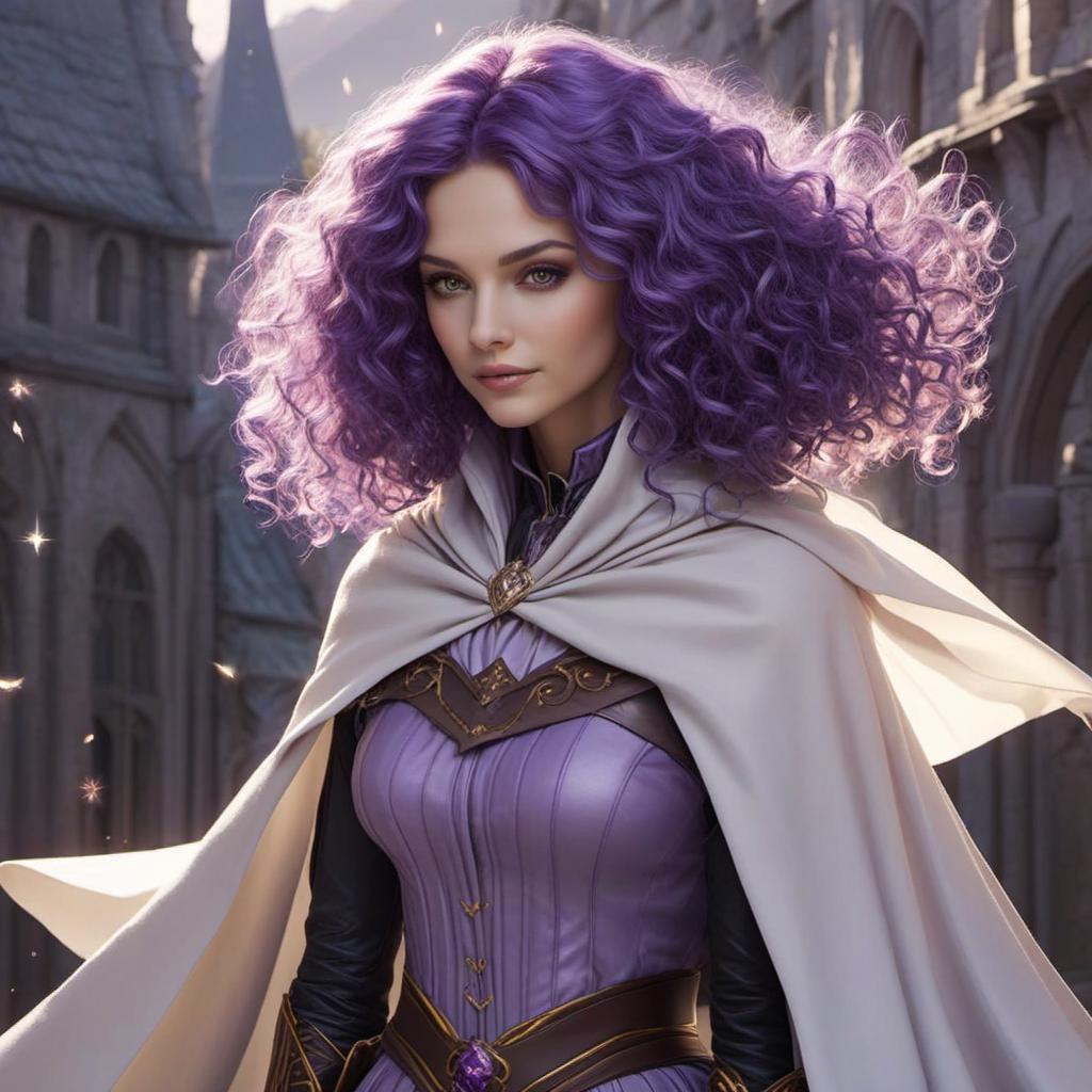  sorcerer female pale skin long purple curly hair grey eyes. she is wearing a cape. , profile image style