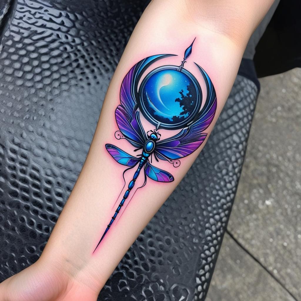  a cybernetic dragonfly with two crescent moons. use the colors blue, purple, and pink. cyberpunk theme, (tattoo), (sleeve tattoo design on the arm)