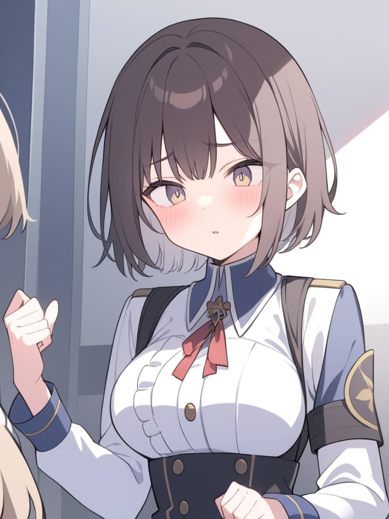  highest quality, ultra quality, scales up, bust up, female, complete, uniform ribbon, uniform expression, complete, complete, bob hair, dark brown hair, women, on the ground, , and clrooms