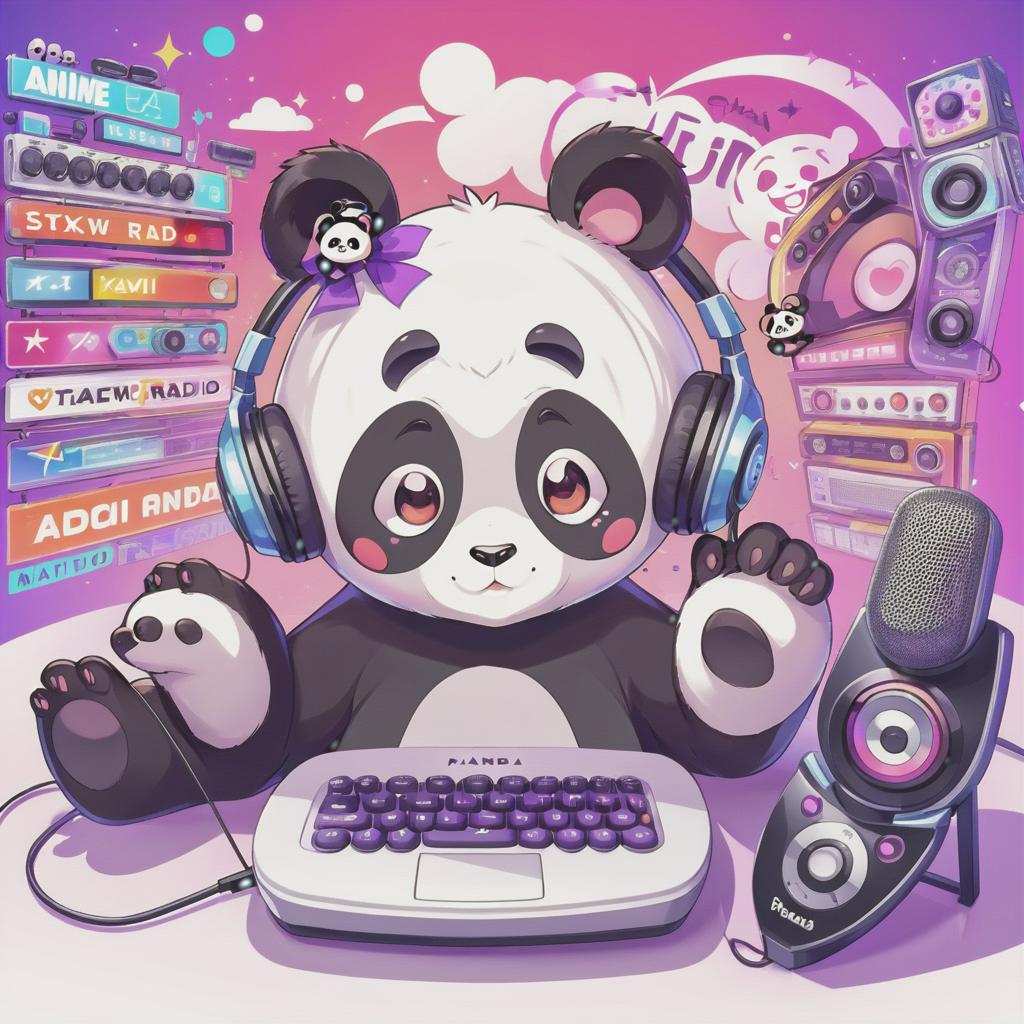  anime artwork internet radio logo, panda, text kawaii radio . anime style, key visual, vibrant, studio anime, highly detailed