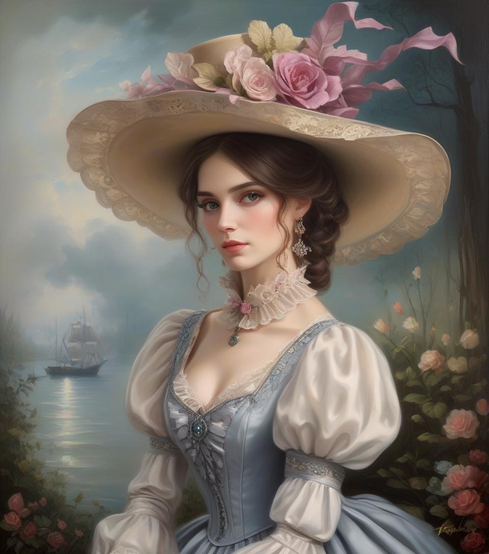  painting of a woman in a dress and hat of the victorian era, in the style of the 1850s, beautiful fantasy painting, romantic painting, fantasy style, elegant oil painting, elegant and exquisite painting, very beautiful fantasy painting, detailed 3d gothic romantic era, painting