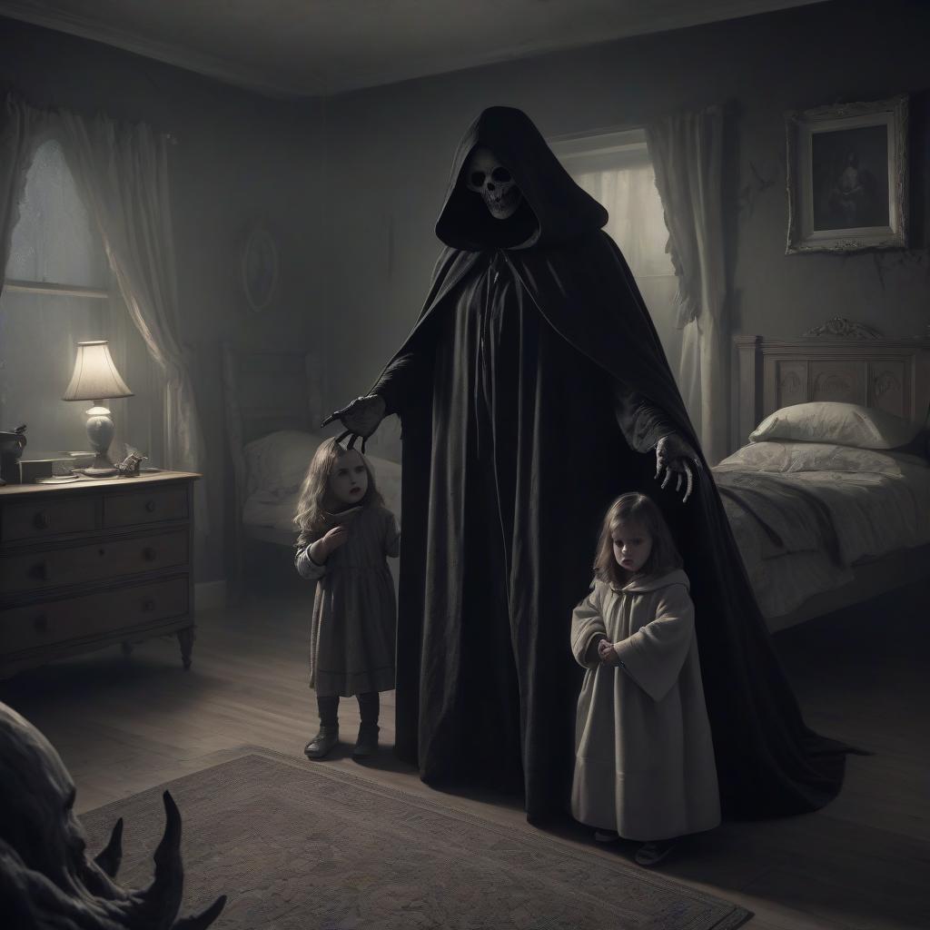  horror themed a visit to the beech, bedroom, in the foreground a terrible creature in a dark cloak, reaches for two young children, the mother tries to close them . eerie, unsettling, dark, spooky, suspenseful, grim, highly detailed