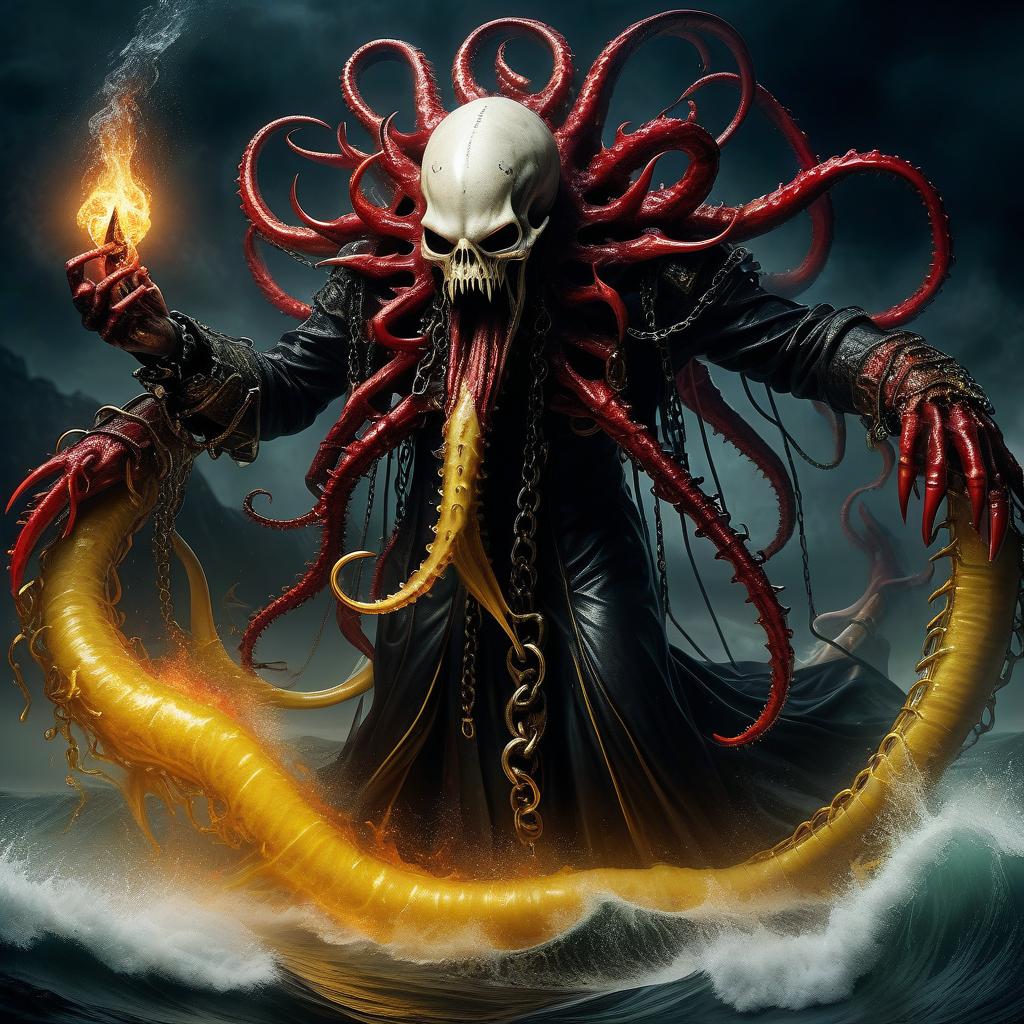  nautical themed лавкрафт whisper giger hellraiser flesh eater demon lurking and eyeless white with red drops flowing black mucus in yellow smoke sharp claws and toothy mouths tentacles with wrapped around a thin body in beautiful priest robes sparks and a chain of fire . sea, ocean, ships, maritime, beach, marine life, highly detailed