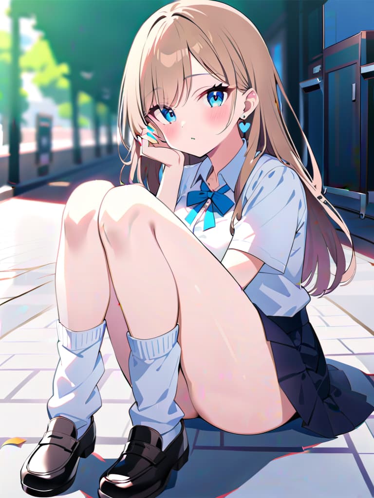  (highres,absurdres),outdoor,street,full body,sense of depth,cinematic angle,face and footwear focus,solo,1,gyaru,blush,aqua lips,glossy lips,light brown hair,long hair,forehead,center part, uniform,shirt,white shirt,collared shirt,ribbon,blue ribbon,neck ribbon,large s,s,age,heart,heart earrings,earrings,jewelry,,blue ,high socks,((loose socks)),loafer,black footwear,hand between legs,between legs, up,legs up,own hands together,covering privates,nail polish,aqua nails,looking at viewer,sitting,