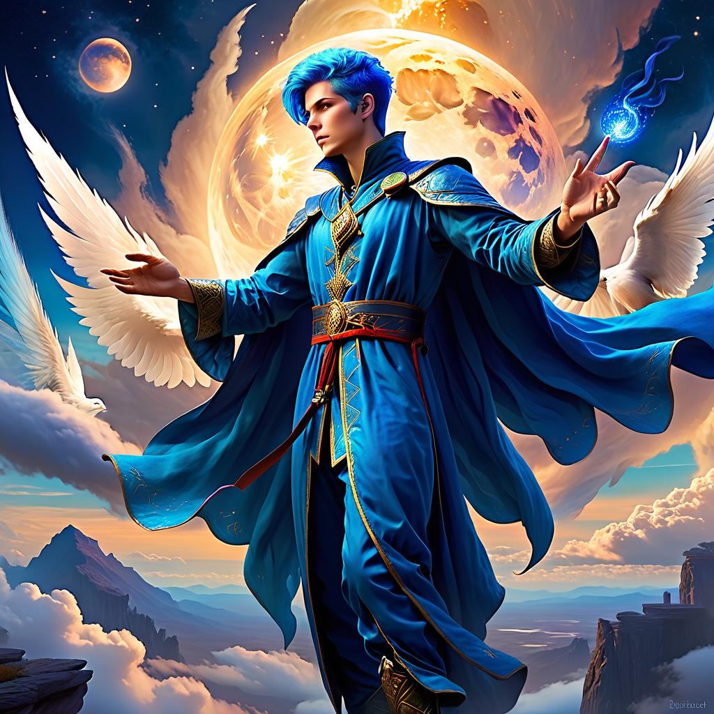  ethereal fantasy concept art of genazi air, man, short hair, blue hair, air magician, sorcerer, fantasy style, full body, 8k, hdr, masterpiece, hyperrealisme . magnificent, celestial, ethereal, painterly, epic, majestic, magical, fantasy art, cover art, dreamy, perfecteyes