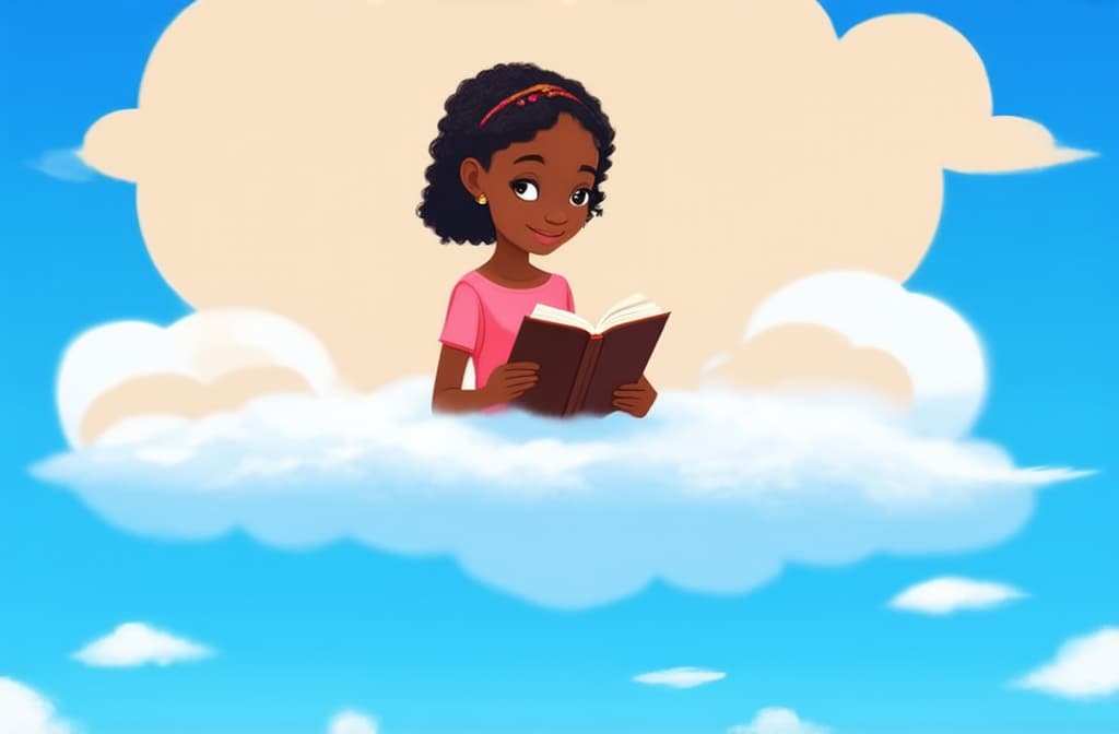  flat illustration, flaticon, (illustration:1.15), literary fan young african girl in the sky on a cloud reading a book. funny, abstract cartoon people on beige. 3d rendering. ar 3:2, [cory loftis, strobist, pascal campion :: 0.2]